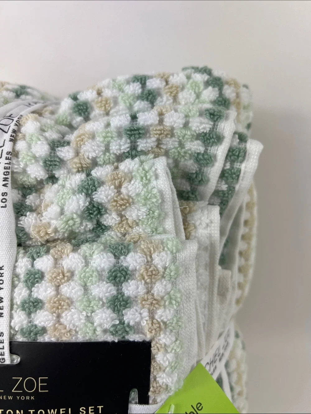 Rachel Zoe Bath Towel Set Green Tan White Waffle Soft 100% Cotton 6 Pc NEW